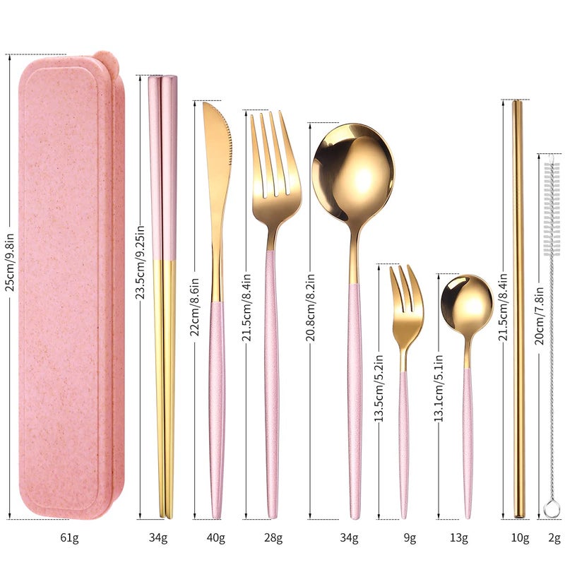 AARAINBOW 8 Pieces Stainless Steel Flatware Set Portable Reusable Cutlery Set Travel Utensils Set Including Chopsticks Knife Fork Spoon Straws Cleaning Brush Dishwasher Safe (Pink Golden) - Image 2